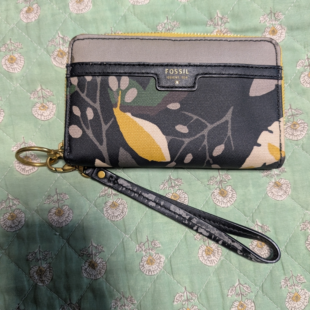 Fossil Black and Yellow Floral Wristlet